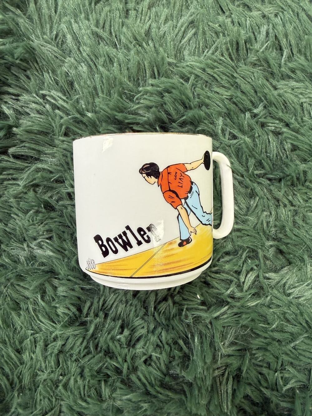Vintage Style Bowler Bowling Coffee Mug Tea Cup Sports Hobby Gold Rim White
